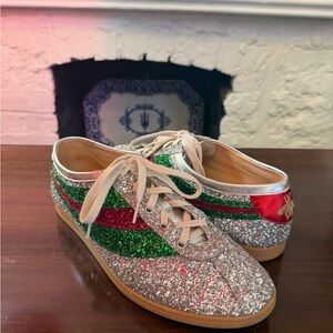 Gucci Silver Glitter Sneakers with Red and Green Stripes